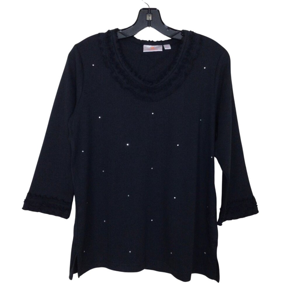 Quacker Factory Shirt Women’s S Small Black Ruffle Trim Rhinestone Top Tee